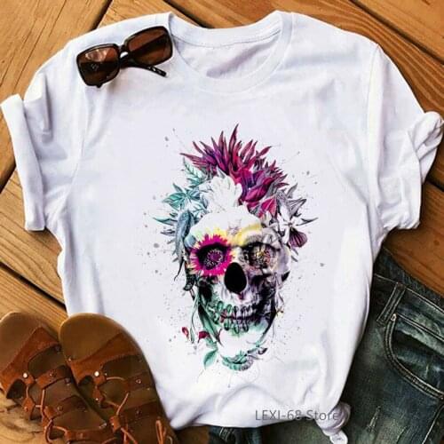 25 Styles Of Creative Floral Skull Print Round Neck Casual Short-sleeved T-shirt Women Loose Women Oversized T-shirt Blouse Top