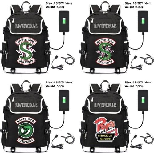 Riverdale Southside Serpents Canvas Packsack Boys Girls USB Charging Travel Laptop Bag Teenagers Zip Schoolbag Cartoon Backpack