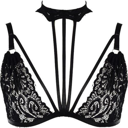 JLX.HARNESS Lace Sexy Lingerie Bra Punk Body Harness Belt Goth Clothes Black Lace Cage Hollow Out Bralette Bustier