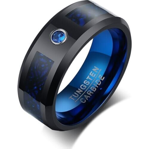 8mm Blue Tungsten Carbide Ring With Blue Zircon Anillos Para Hombres Comfort Fit Wedding Band Size 7 to 12