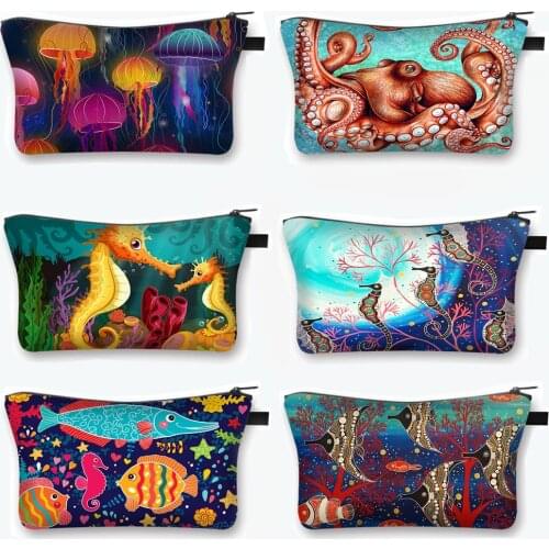Seahorse Jellyfish Octopus Cosmetic Case Women Makeup Bags Girls Storage Bags Ladies Cute Cosmetic Organizers Bag