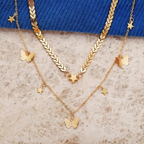 Fashion New Exquisite Butterfly Star Necklace Pendant Women Creative Personality Double Layer Clavicle Chain Choker Necklaces