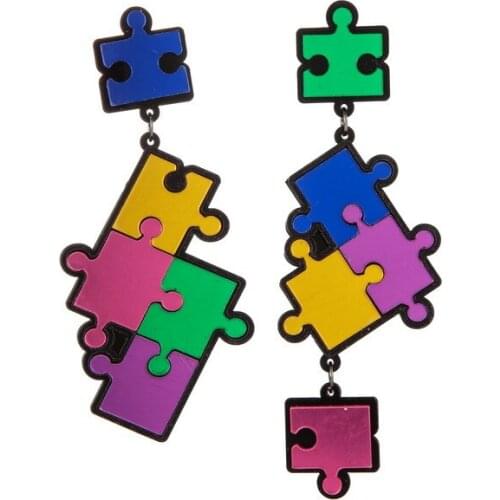 Trendy Asymmetric Mixed Color Drop Earrings Long Minimalism Cartoon Acrylic Puzzle Block Earrings For Women Hot Jewelry E20008