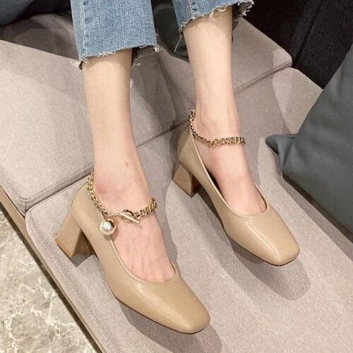 Fashion Mary Jane High Heels Retro Square Heel Grandma Shoes 2021 Summer and Autumn New Pearl Chain Single Shoes Women