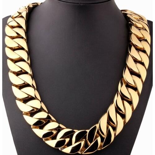 Real Stainless Steel Gold 31MM Super Heavy Thick Mens Flat Curb Cuban Chain Necklaces Hip hop Exaggerated Necklace