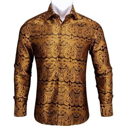 Barry.Wang Gold Paisley Bright Silk Shirts Men Autumn Long Sleeve Casual Flower Shirts For Men Designer Fit Dress Shirts BCY-03