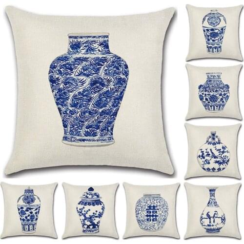 Blue And White Porcelain Printed Cushion Cover Chinese Style Art Vase Pattern Pillowcase Linen Pillow Cover Festival Presents