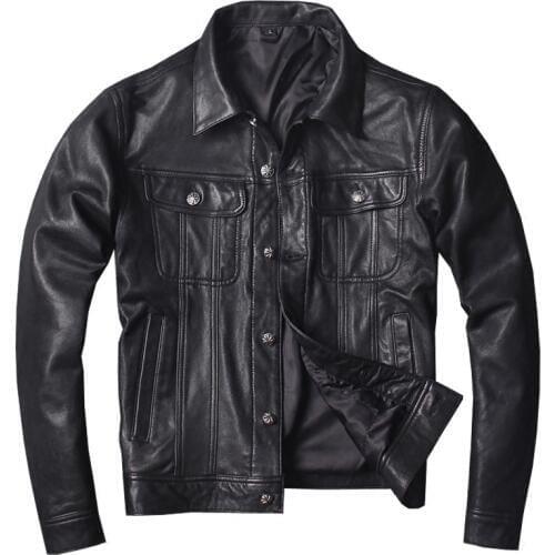 2018 New Men Black Genuine Leatehr Jacket Casual Goatskin Riding Jackets Real Slim Fit Biker Jacket S-4XL