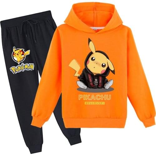 Pokemon New Childrens Hoodie Suit Casual Boys Hoodie Spring and Autumn Long-sleeved Top Hip-hop Pants Suit Girl Clothes Set