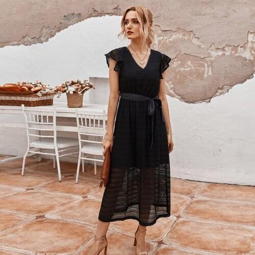 Summer Solid V-Neck Women Dress High Waist Ruffles Female Dresses with Sashes Office Ladies Style Transparent A-Line Midi Dress