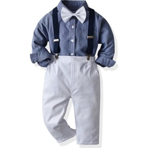 Kids Boys Gentleman Formal Suit Clothing Long Sleeve Bowtie Shirt Tops+Suspender Trousers Sets Toddler Wedding Party Clothing