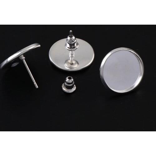 Inner 14mm 10PCS Silver Metal Round Ear stud Ear Pad Bezels Blank Glass Cabochons Base Setting DIY Earring Ear stud Jewelry