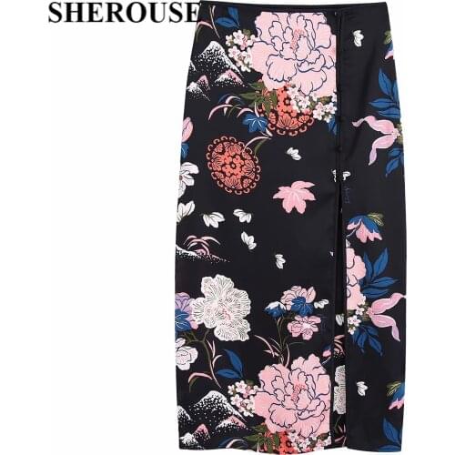 SHEROUSE 2021 Women Fashion Floral Printed Side Split Midi Skirt Back Zipper High Waist Vintage Female Skirts Chic Woman jupe
