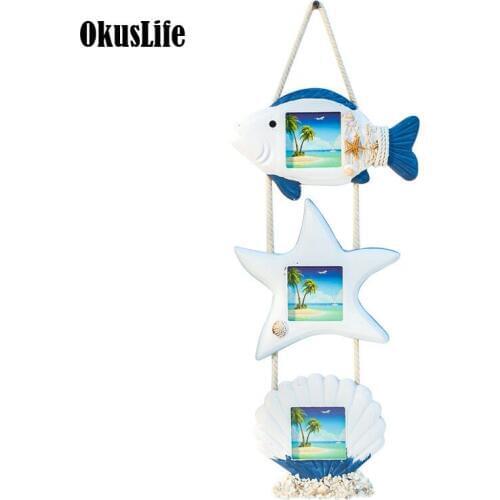 Mediterranean style Ocean 3 in 1 Wall Hanging Wooden photo frame creative Baby Room wall decoration Fish Shell Starfish Model