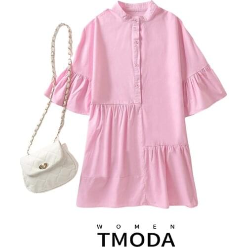 TMODA1423 2021 Za Summer Women Sweet Pink Cotton Mini Dress Lady Vintage Casual Loose Shirt Dresses Female Chic Party Vestido