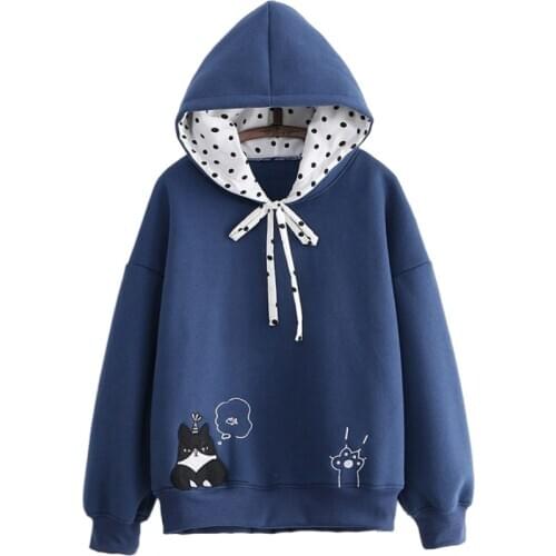 Japanese Mori Girl Cat Paw Funny Embroidery Hooded Hoodies 2020 Autumn Winter Loose Plus Velvet Warm Sweatshirts YUPINCIAGA