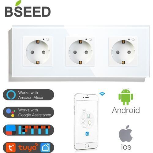 BSEED Wifi Triple Socket EU Standard Wall Socket 16A 110V-250V White Black Gloden Crystal Glass Panel For Smart Home