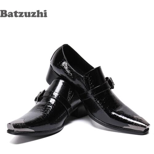 Batzuzhi Leather Dress Shoes Men Fashion Mens Shoes Pointed Metal Tip Slip on Black Business Shoes zapatos de hombre, Big Size