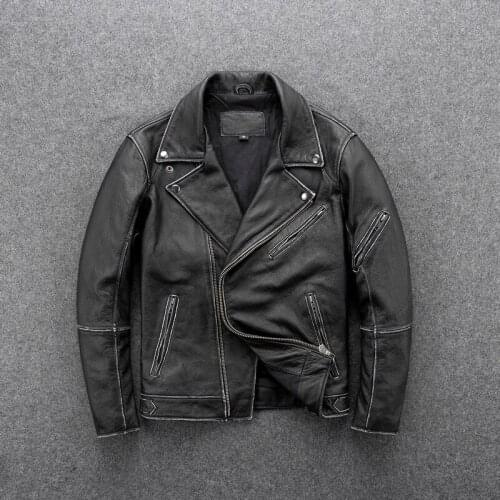GU.SEEMIO Heavy Motorcycle Leather Jacket Vintage Classical Jacket Genuine Leather Clothing Men Thick Grey