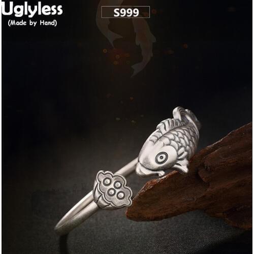 Uglyless Real 999 Fine Silver Jewelry Handmade Engraving Fish Bangles Women Lovely Lotus Bangle China Ethnic Tribe Totem Bijoux