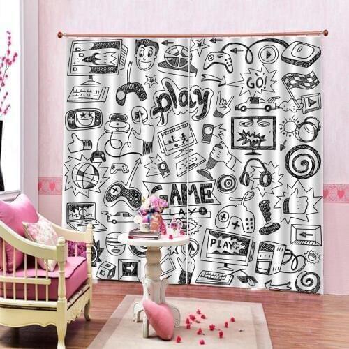 Video Games Shower Curtain Black And White 3D Digital Print For Childrens room Blackout curtain