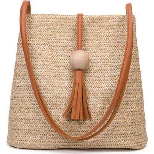Bali Vintage Handmade Crossbody Leather Bag Round Straw Beach Bag Girls Circle Rattan bag Small Bohemian Shoulder bag(Brown)