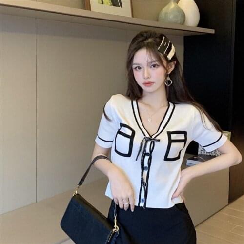 Korean Summer Striped Panelled Knit T Shirt Women Bow Decoration V Neck Short Sleeve Tees Crop Tops Female Casual Cardigan Tees