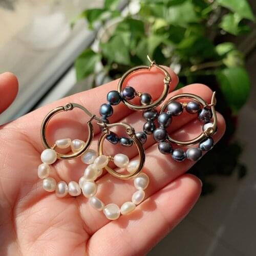 Stainless Steel Hoop Earrings for Women Double Circle Flower Dangle Black White Baroque Natural Freshwater Pearl Earrings Femme
