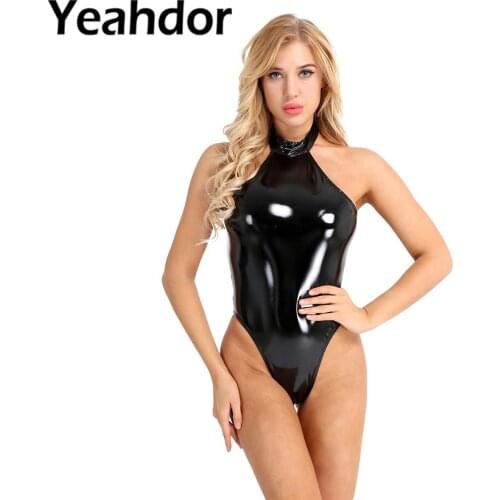 Women One Piece Wetlook Clubwear Catsuit Patent Leather Halter Backless Leotard Bodycon Bodysuit Nightwear Night Club Wear