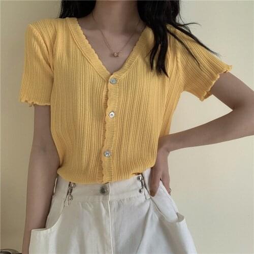 Women Knit CardiganThin Loose Ruffle Trim Crop tops Short Sleeve Deep V Neck Knitting Shirt Females shirts Casual dress mesh top