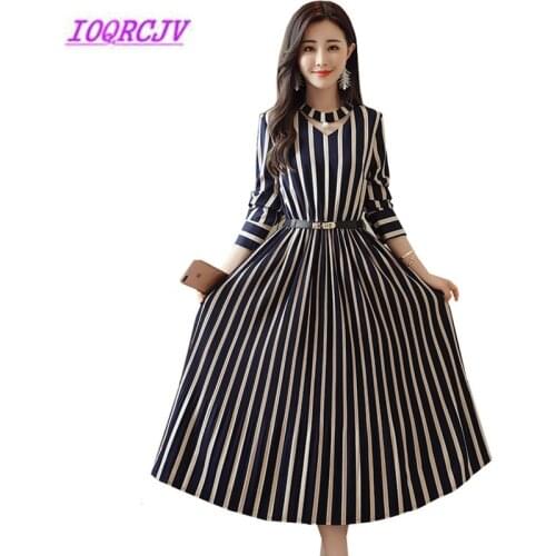 New Stripe Dress Women 2018 Spring Autumn Medium length Long sleeve Chiffon High-end Thin Tie A-line Large size 4XL dress B030