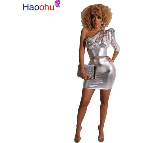 Gold Reflective Two Piece Set Women One Shoulder Puff Sleeve Crop Top Mini Skirt Matching Sets Sexy Party Club Outfits