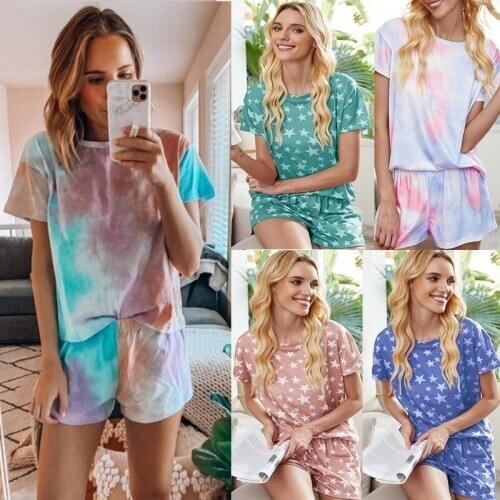 2020 Summer Casual Printing Pyjamas Women Cotton Tie-dye Gradient Star Pajamas Short-sleeved Home Service Suit Loungewear Women