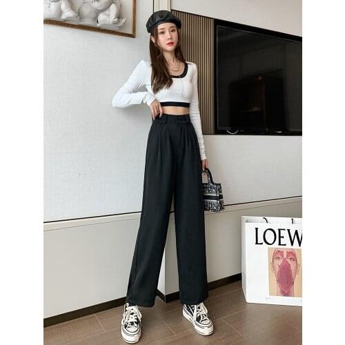 2021 The New Fashion High Waist Solid Womens Suit Wide Leg Pants Office Lady Loose Straight Leg Pants Vintage