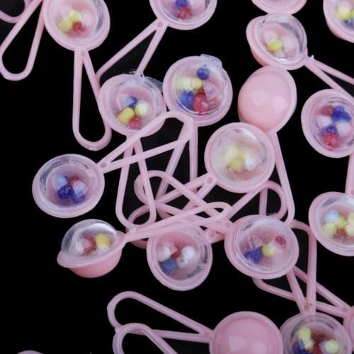 50pcs Mini Rattles 50pcs Safety Pins 50pcs Pacifier Charms Girl Baby Shower Favors Party Game Table Decoration Pink