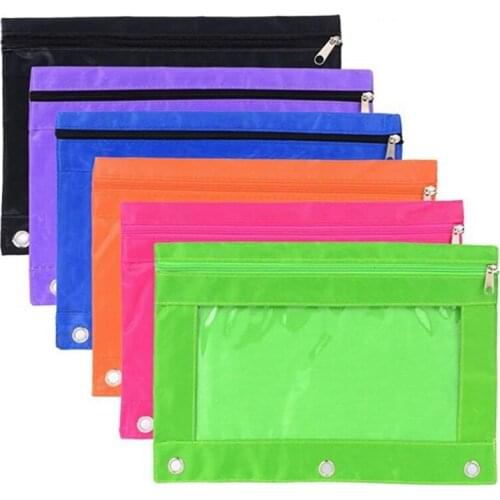 6Pack Ring Binder Pouch Pencil Bag with Holes 3-Ring Zipper Pencil Pouch with Clear Window for Office Students(6 Colors)