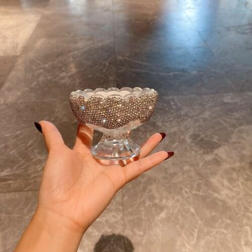 Diamond Dessert Bowl Cereal Breakfast Bowl Bling Glass Cocktail Cup Ice Cream Fruit Salad Tray Small White Crystal Cake Plate