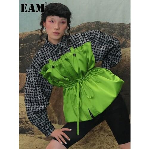 [EAM] Loose Fit Mixed Color Plaid Drawstring Jacket New Lapel Long Sleeve Women Coat Fashion Tide Spring Autumn 2021 1B735