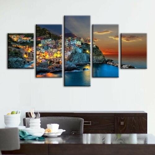 Manarola Italy Coastal Town 5 Panel Canvas Picture Print Wall Art Canvas Painting Wall Decor for Living Room Posters No Framed