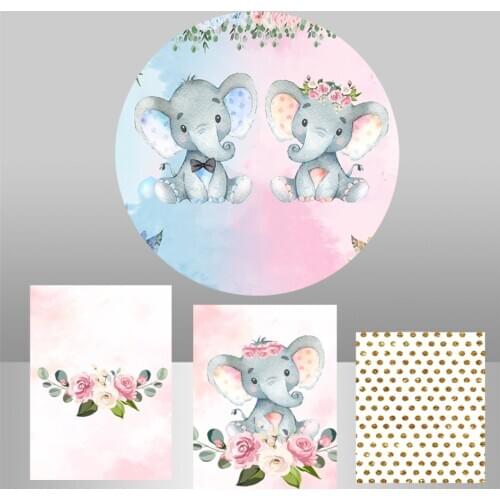 Twins Elephant Baby shower Round Background Circle Photo Backdrop Girl Boy Birthday Party Decor Table Cylinder Cover Photo 747