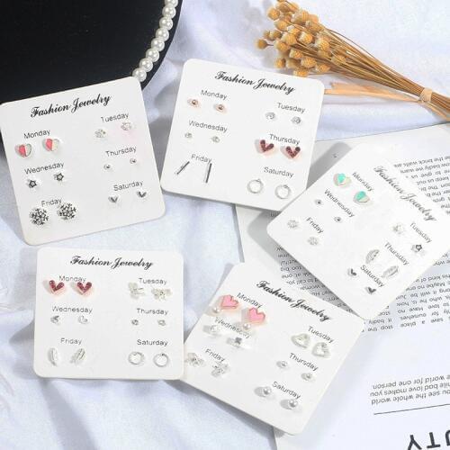 Sweet Heart Round Tiny Stud Earrings set for Women 6paris Geometric Cute Small Snowflake Female Earrings Jewelry Bijoux