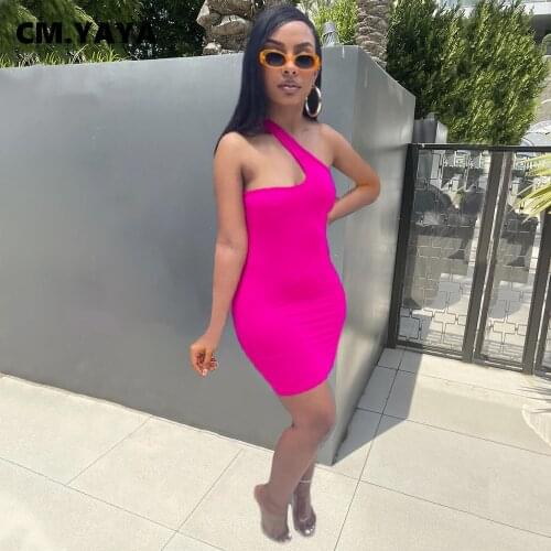 CM.YAYA Women Mini Dress Solid Sleeveless One Shoulder Asymmetrical Collar Stretchy Bodydon Dresses Sexy Fashion Vestidos Summer