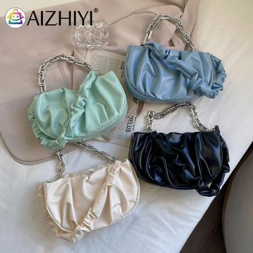 Fashion Women Pleated Thick Chain Semicircle Shape PU Leather Shoulder Underarm Bag Ladies Casual Solid Color Purse Handbags