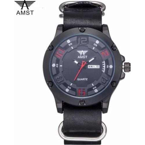 Watch Men Sports Waterproof Quartz Japan movement military watches genuine leather steel ring 3D Dial man clock AMST3024-1