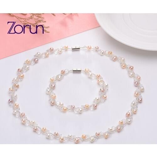 Zorun Genuine Natural Freshwater Pearl Party Jewelry Sets 4-5mm with Magnetic Clasp Necklace and Bracelet Sets for Women