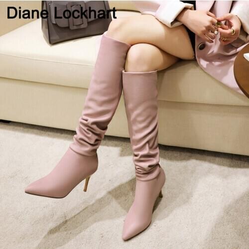 New Spring Sewing Knee-High Chelsea Boots Women Fashion Pleated Stiletto Heels Pointed Toe Slip-On Shoes Solid Beige Yellow Blue