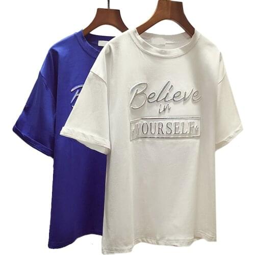 Zuolunouba New Casual Tops Short Sleeve Cotton Tees Girl Letter Believe In Your Self Print O-neck Women T-shirts white Loose