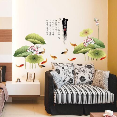 New Chinese Style Lotus Pond Fish Flowers Wall Stickers For Living Room Bedroom Decoration Nature Wall Posters Room Accessories