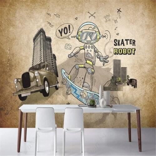 Hand Drawn Retro Wallpapers for Living Room European Decorative Painting Skateboard Sofa Background Wall Papers Home Decor