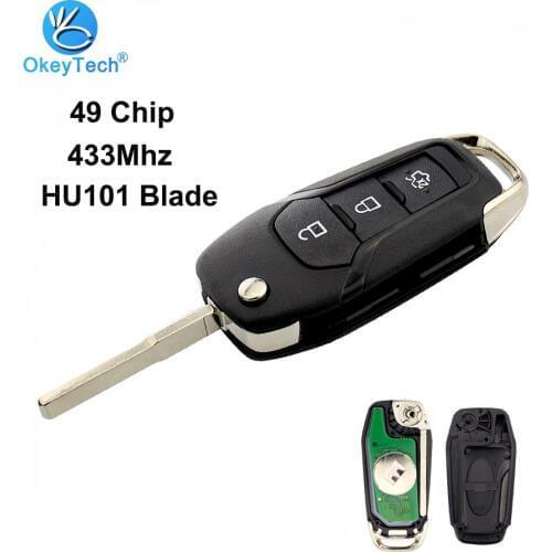 OkeyTech 3 Button 433Mhz ID 49 Chip Uncut HU101 Blade Flip Folding Remote Control Key for Ford Focus Escort Mondeo 2014-2017